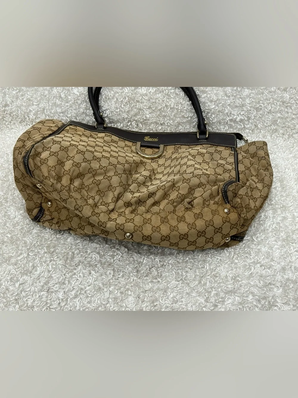 Gucci Abbey Canvas Tote with Brown Leather Trim